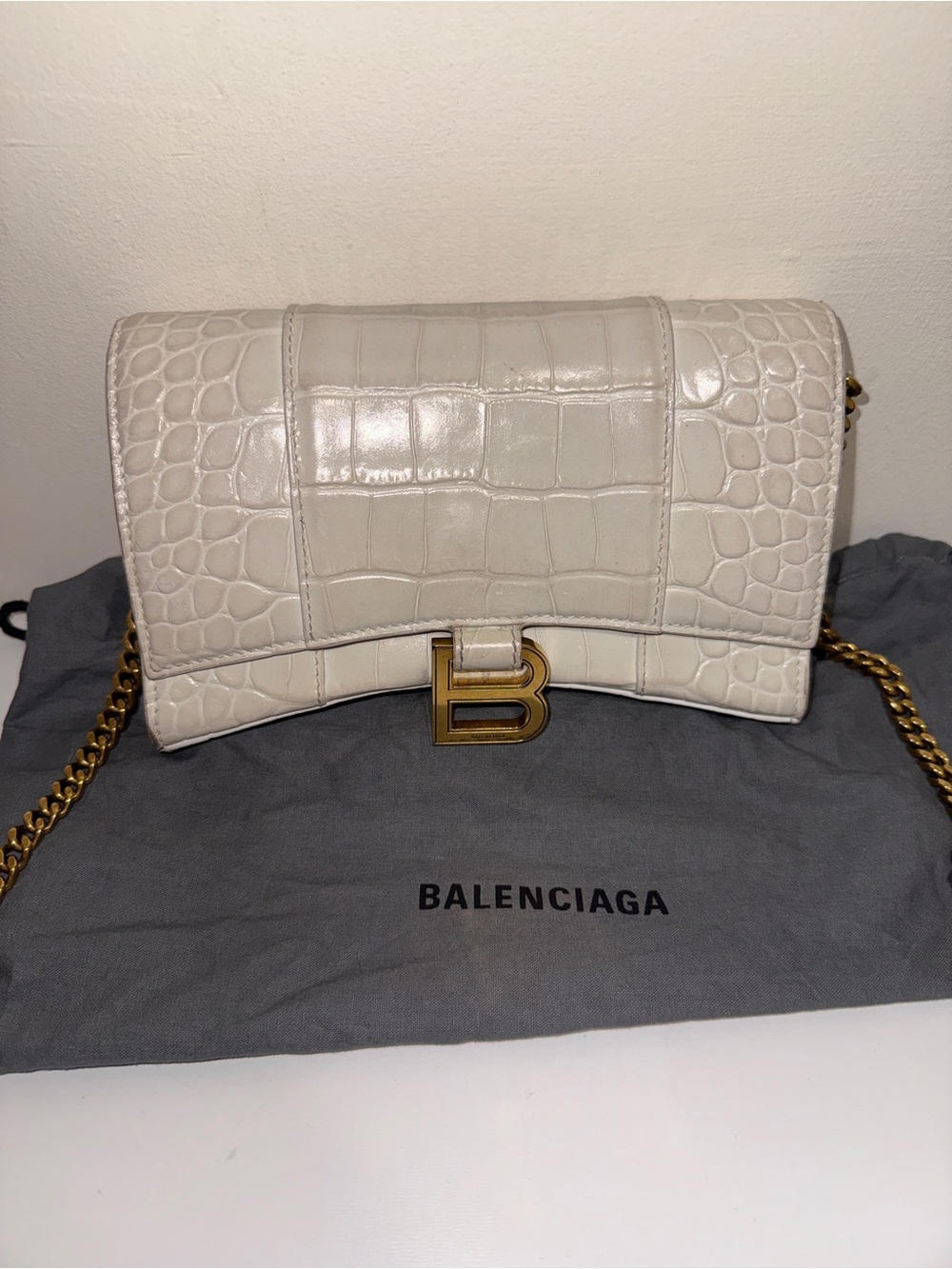 Balenciaga Croc-Embossed Leather 'B' Chain Crossbody in Cream with Gold Hardware